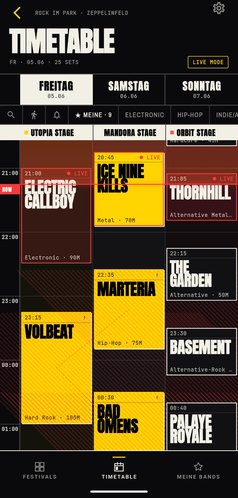 festivalpilot Timetable — Rock im Park, drei parallele Stages mit Live-Indikator und markierten Bands
