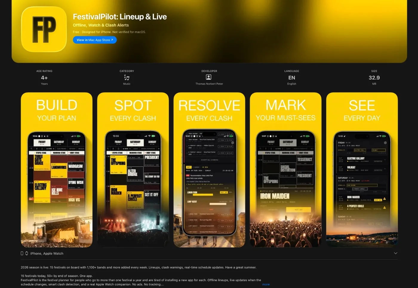 App Store listing of FestivalPilot: Lineup & Live with Build/Spot/Resolve/Mark/See marketing screenshots and feature list